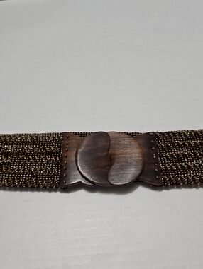 Vintage Woven Metallic Brown Wide Stretch Belt with Wood Buckle SIze M/L